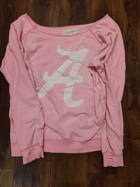 Pressbox Pink Off-the-Shoulder Sweater with White 'A' Logo